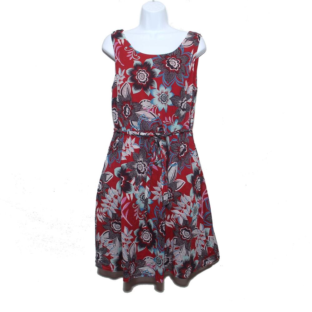 Talbots Red Floral 100% Cotton Dress Sleeveless Tie Waist, Lined 12P